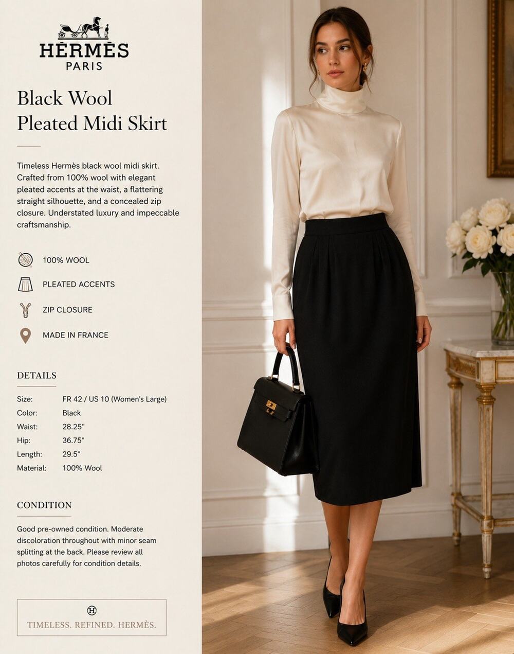 Hermès Black Wool Pleated Midi Skirt FR42 / US10 – Classic Luxury Pencil Skirt